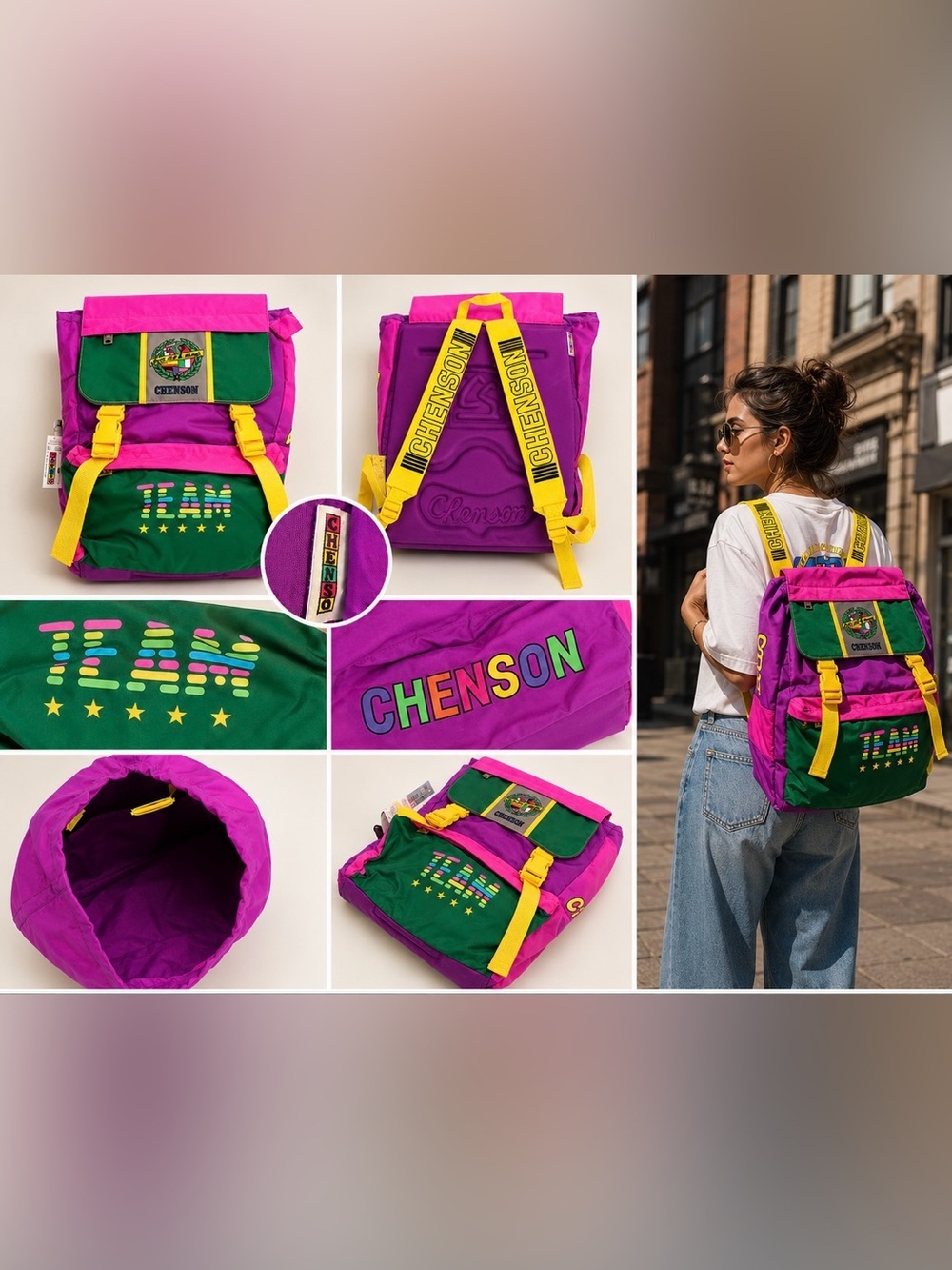 💜💚💛 Vintage CHENSON 80s/90s Colorblock Backpack – New With Tags (NOS)